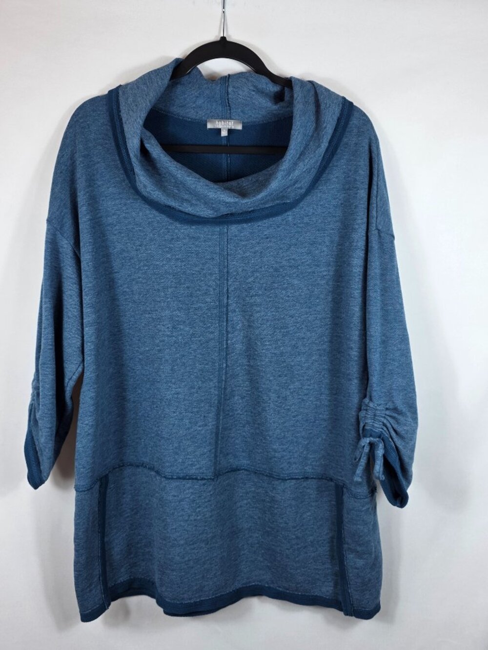 Habitat Cowl Neck Pullover Women's Size Medium Turquoise Blue Ruched Sleeves